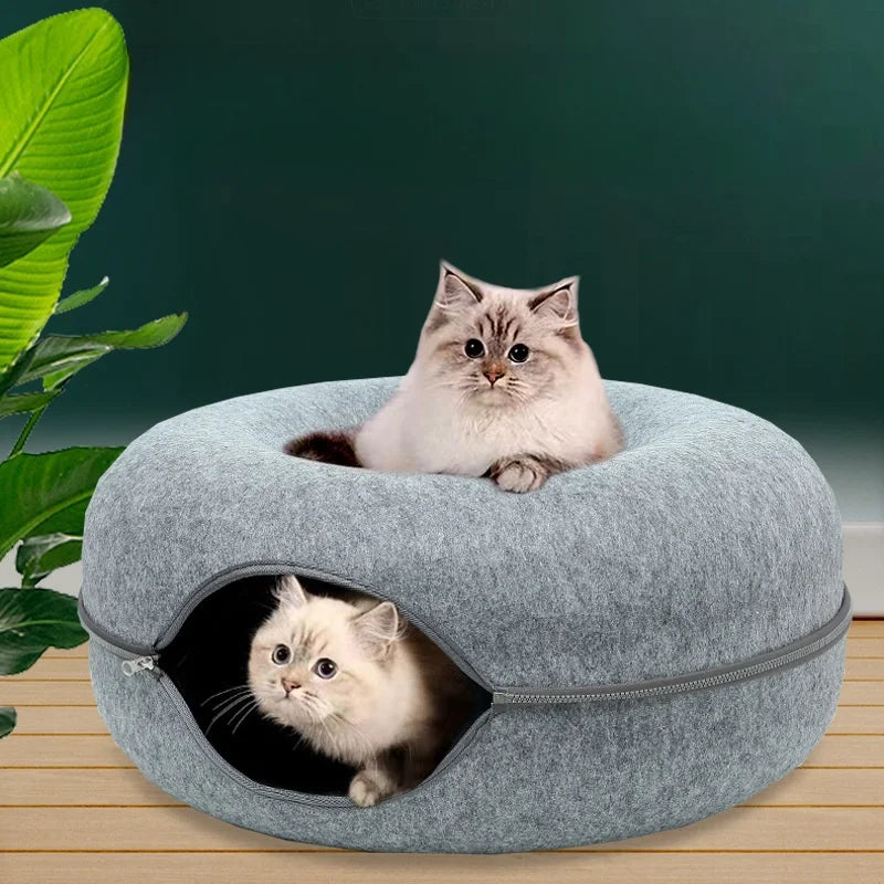 Wholesale Luxury Creative Double-Storey Donuts Shape Custom Felt Pet Cat Bed New Hot Manufacturer's Peekaboo Cat Cave Solid