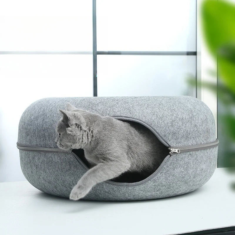 Wholesale Luxury Creative Double-Storey Donuts Shape Custom Felt Pet Cat Bed New Hot Manufacturer's Peekaboo Cat Cave Solid