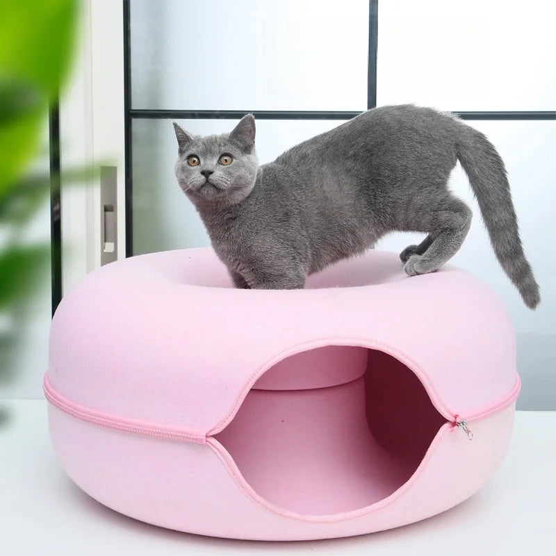 Wholesale Luxury Creative Double-Storey Donuts Shape Custom Felt Pet Cat Bed New Hot Manufacturer's Peekaboo Cat Cave Solid